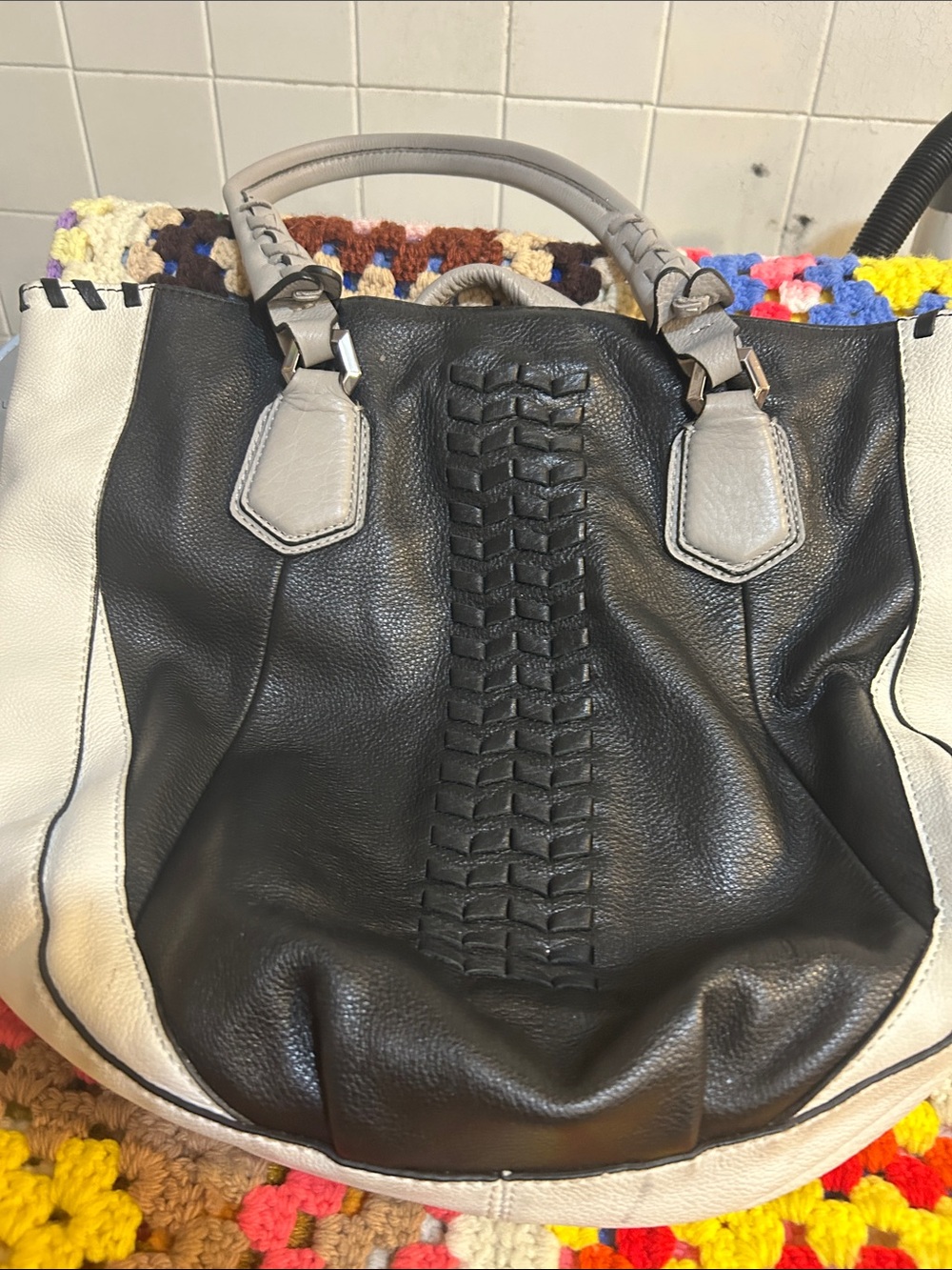 Two-Tone Black and Cream Woven-Detail Shoulder Bag